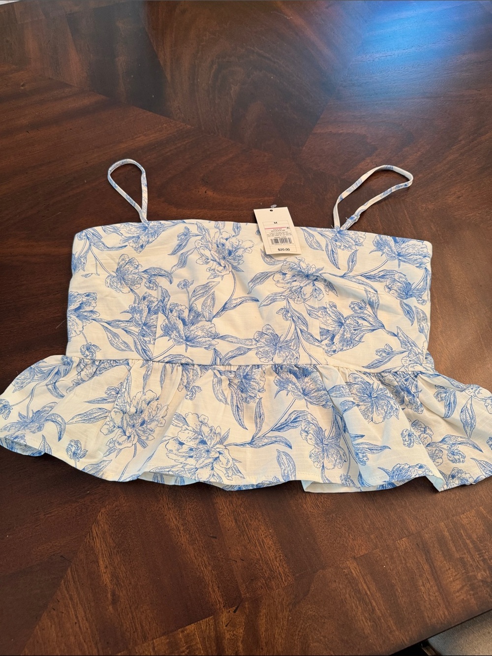 a new day White Spaghetti Strap Peplum Top with Blue Floral Print